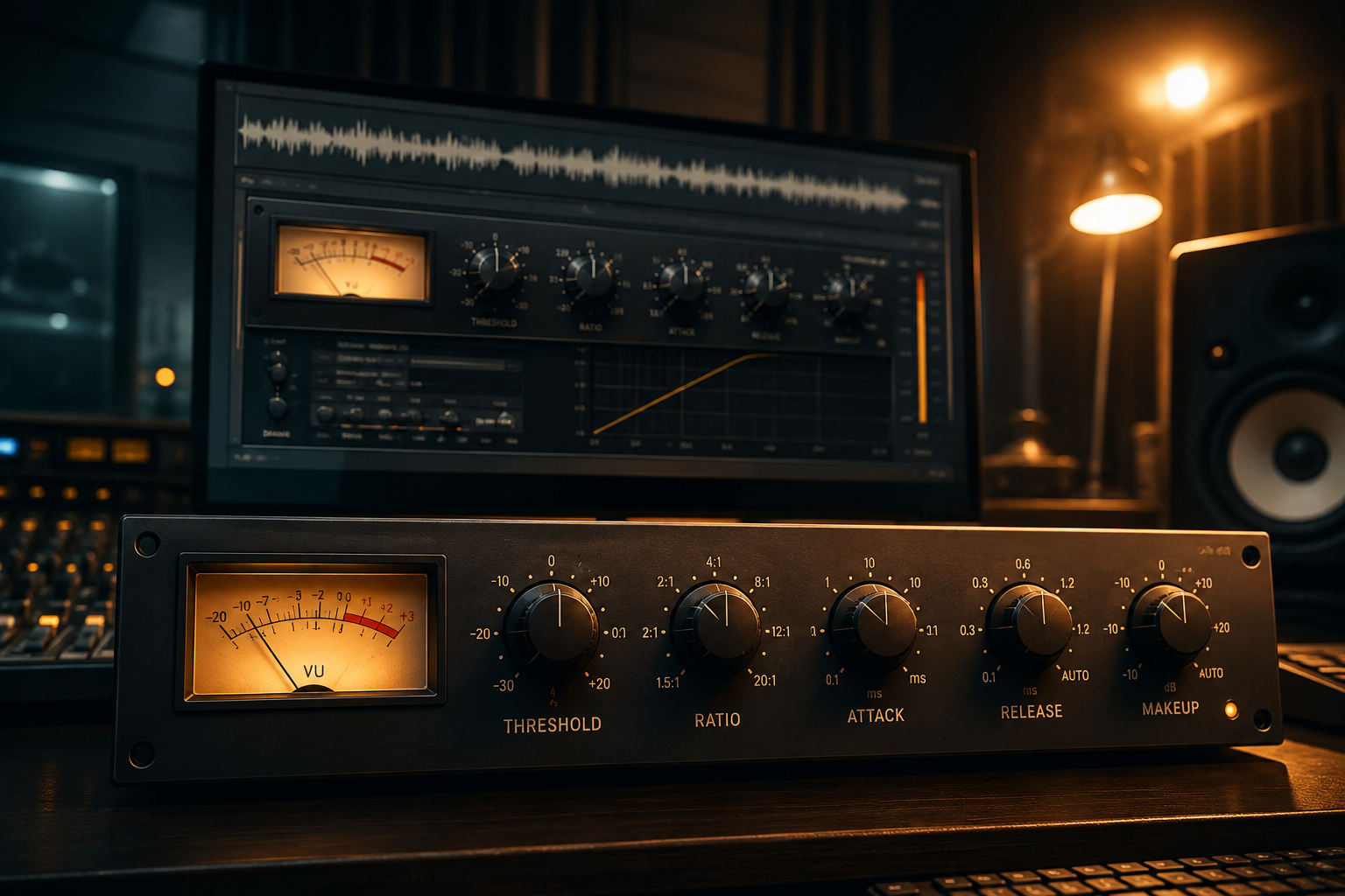 Compressor plugin interface showing threshold, ratio, attack, and release controls