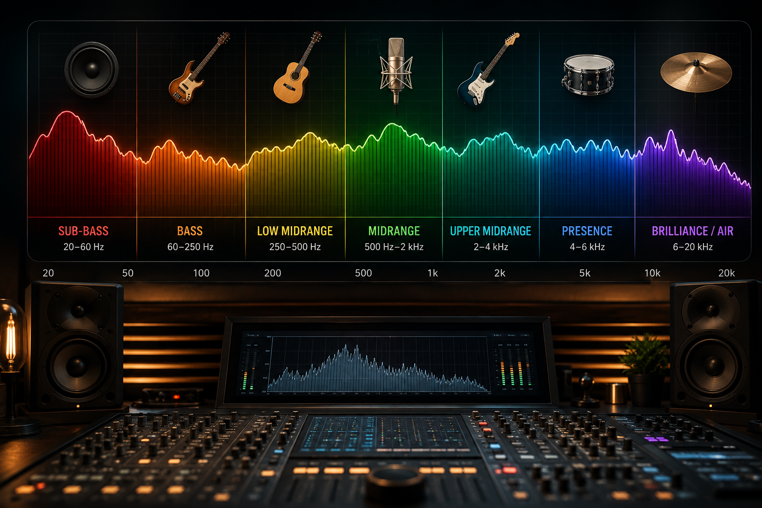 Frequency spectrum chart showing bass, midrange, and treble ranges used in mixing