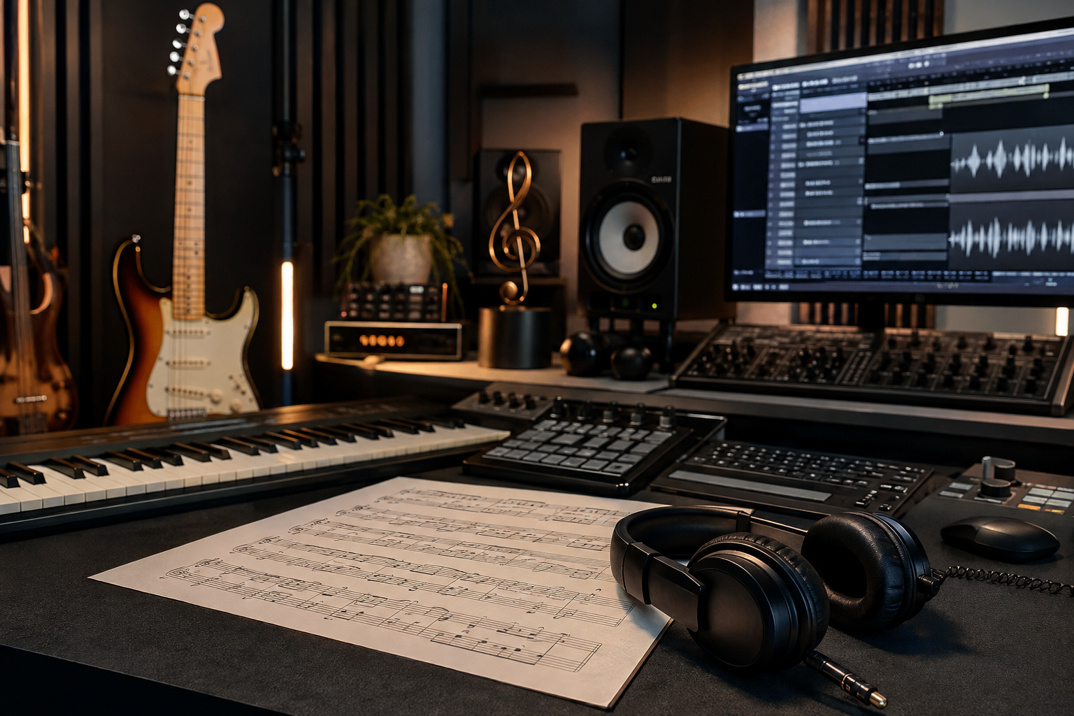 Music producer analyzing a chord progression and scale on a keyboard in the studio