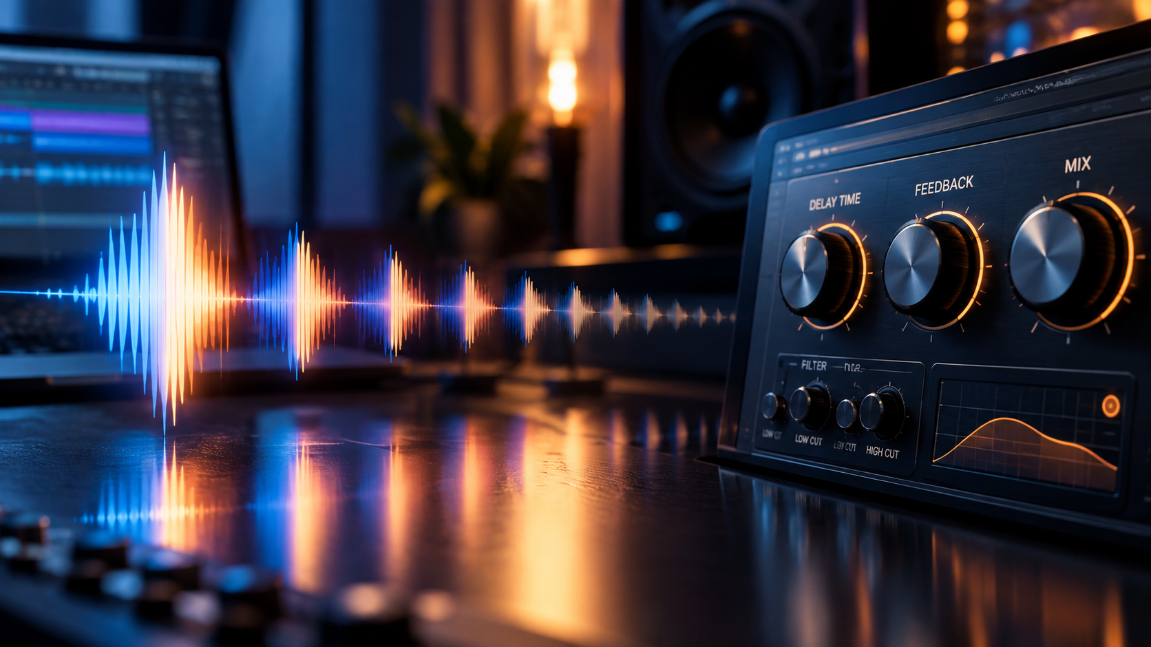Delay plugin interface showing repeating echoes synced to song tempo